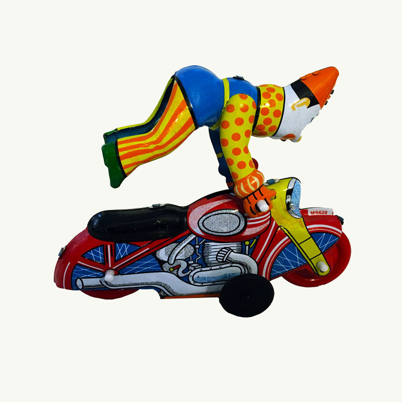 MS629 Clown on Motorcycle Retro Clockwork Wind Up Tin Toy w/Box 